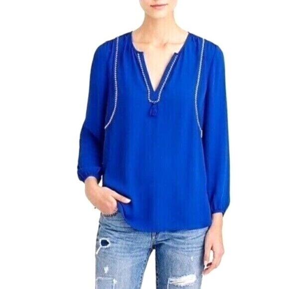 J. Crew Tassel Trim Top Womens Sz 10 V Neck Popover Blouse Blue - Picture 1 of 7